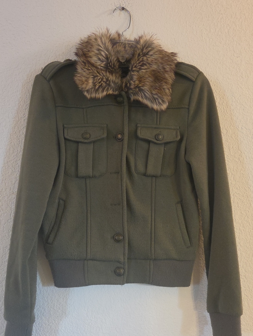 Women's Olive Bomber Jacket with removable Faux Fur Collar